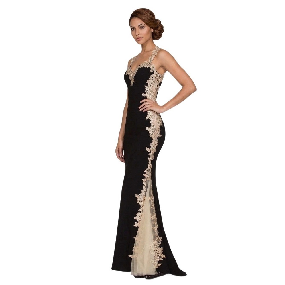 Cinderella Divine Womens 6 Black Gold Lace Column Prom Red Carpet Gown Dress